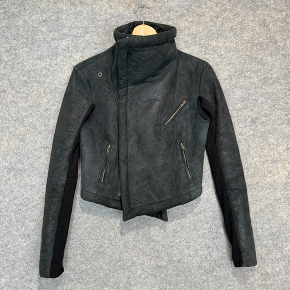 Veda 100% Shearling Leather Fur Moto Jacket Womens Small Motorcycle Designer Zip - Picture 6 of 16